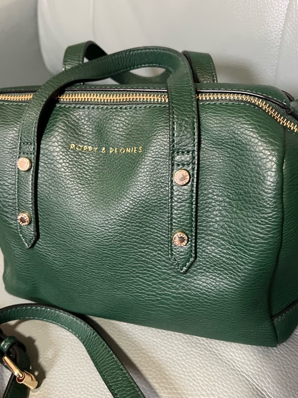 Poppy & Peonies Forest Green Pebbled Leather Satchel with Gold Hardware